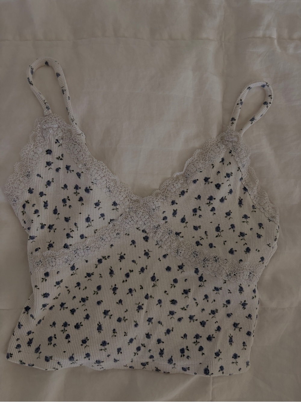Garage White Cami with Navy Floral Print and Lace Trim